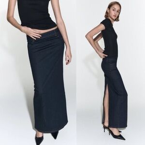 NWOT Zara Contour Stretch Dark Wash Denim Maxi Skirt With Slit SZ Medium